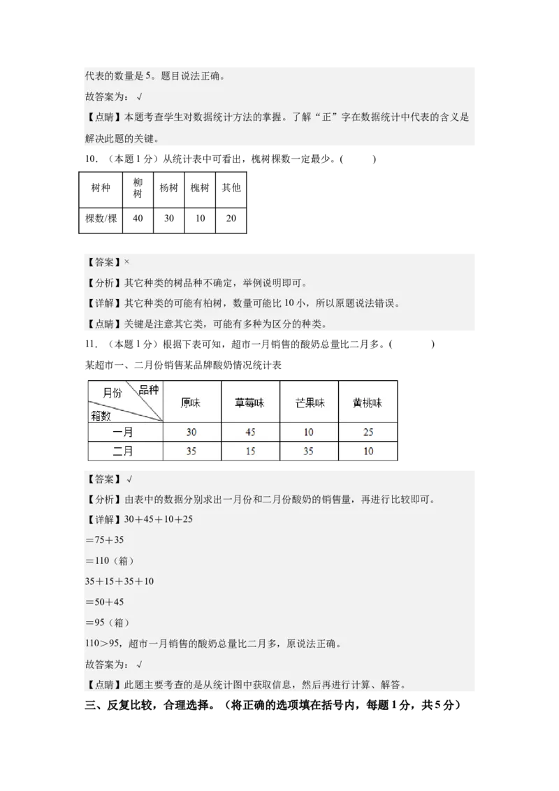 A4解析第三单元复式统计表素养测评卷-三年级数学下册同步高效课堂系列（人教版）_26春人教版数学三下_00、更新资料3月18日_单元测试(4)_单元测试卷