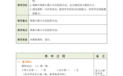 2小数的大小比较_26春人教版数学三下_00、教案3套完整版_第1套表格式教案_7小数的初步认识