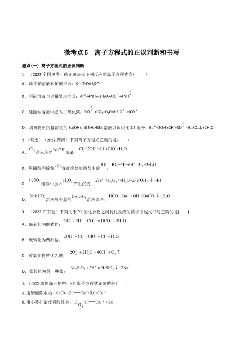 高频考点5离子方程式的判断与书写-2023年高考化学二轮复习高频考点51练（原卷版）_05高考化学_新高考复习资料_2023年新高考资料_二轮复习