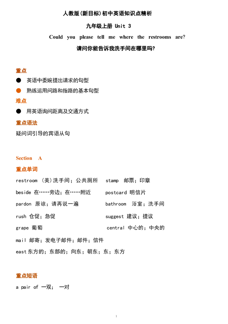 1_24秋《初中各科知识点梳理》_初中英语《知识梳理》7-9年级上下册_重点知识_人教版初中英语_上册_九上_U3