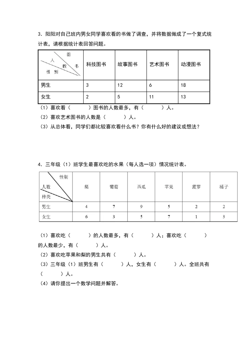 三年级数学下册典型例题系列之第三单元：复式统计表专项练习（原卷版）人教版_26春人教版数学三下_19、赠送其它资料_新建文件夹_三年级数学下册（人教版）_专项练习