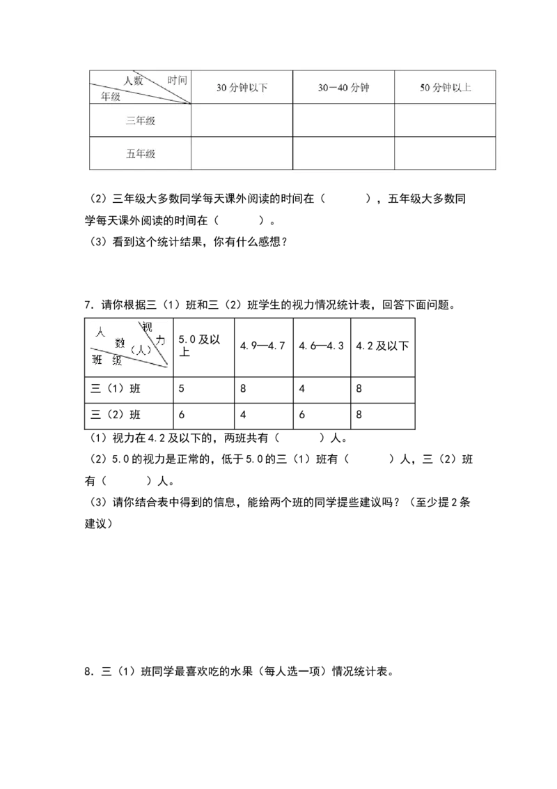 三年级数学下册典型例题系列之第三单元：复式统计表专项练习（原卷版）人教版_26春人教版数学三下_19、赠送其它资料_新建文件夹_三年级数学下册（人教版）_专项练习
