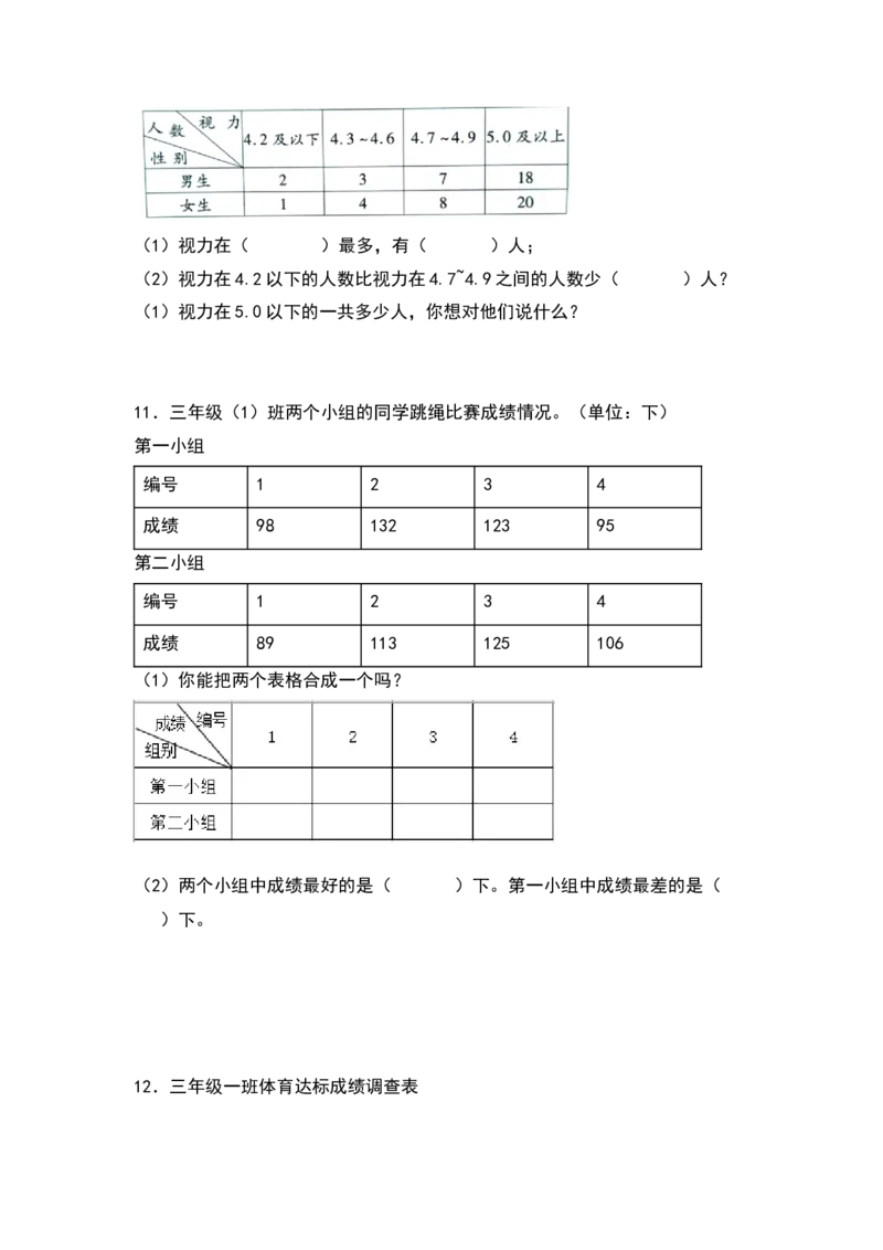 三年级数学下册典型例题系列之第三单元：复式统计表专项练习（原卷版）人教版_26春人教版数学三下_19、赠送其它资料_新建文件夹_三年级数学下册（人教版）_专项练习