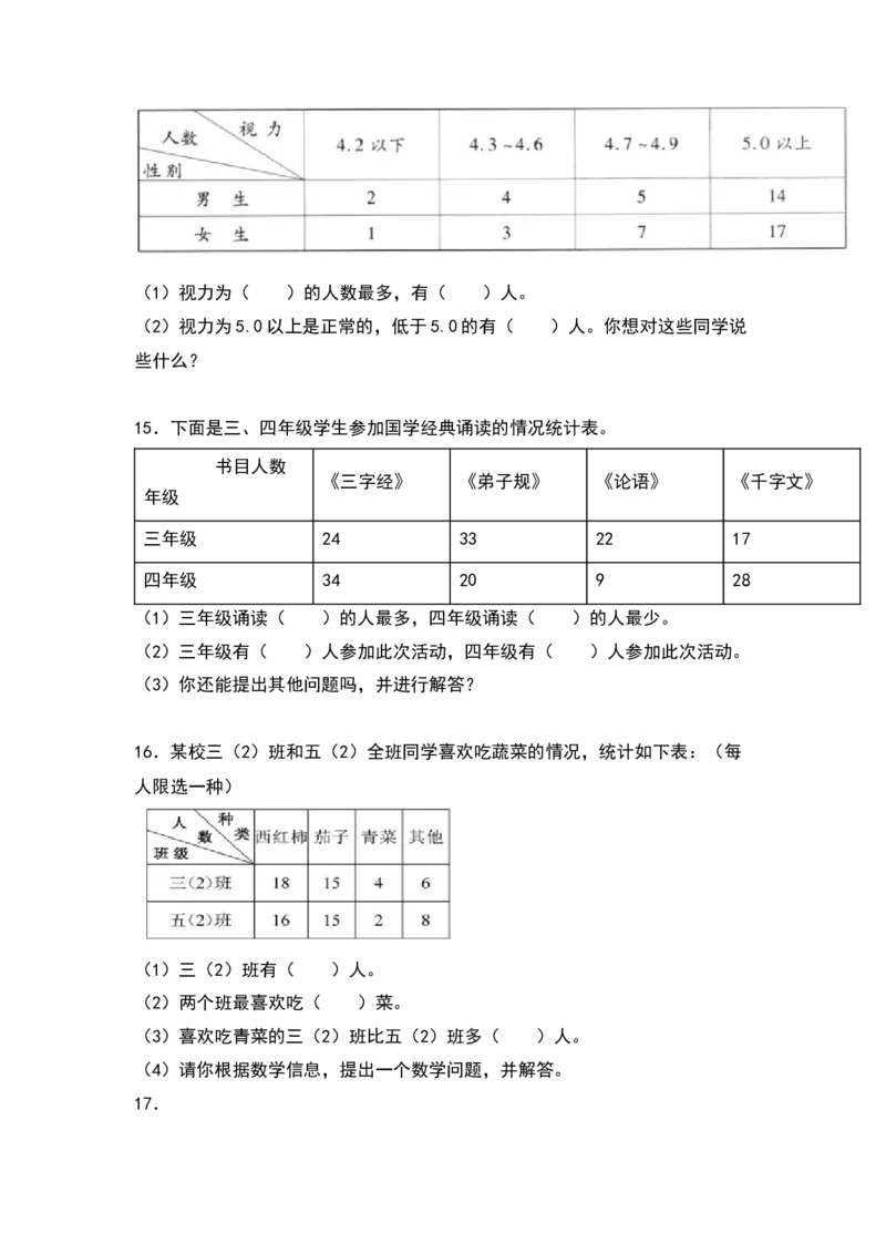 三年级数学下册典型例题系列之第三单元：复式统计表专项练习（原卷版）人教版_26春人教版数学三下_19、赠送其它资料_新建文件夹_三年级数学下册（人教版）_专项练习