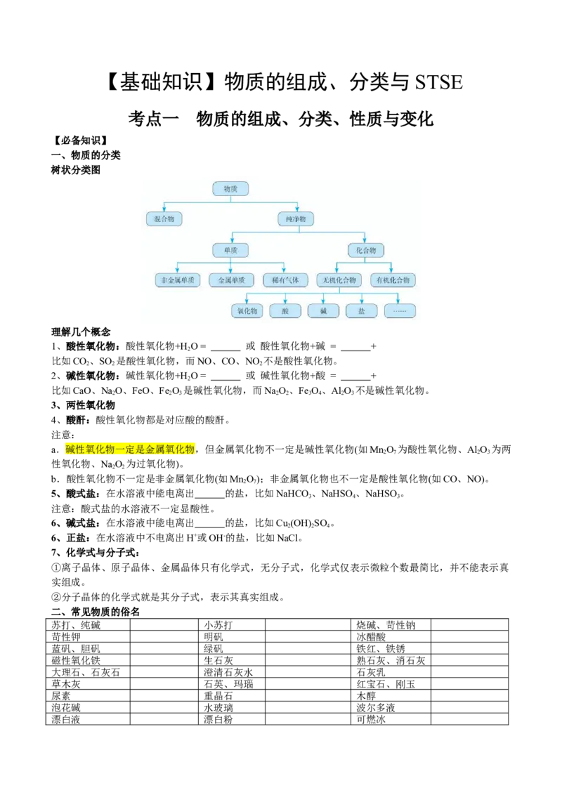 考点一物质的组成、分类、性质及变化（学生版）_05高考化学_2025年新高考资料_一轮复习_2025年高考化学一轮复习基础知识讲义（新高考通用）（完结）_专题三化学基本概念