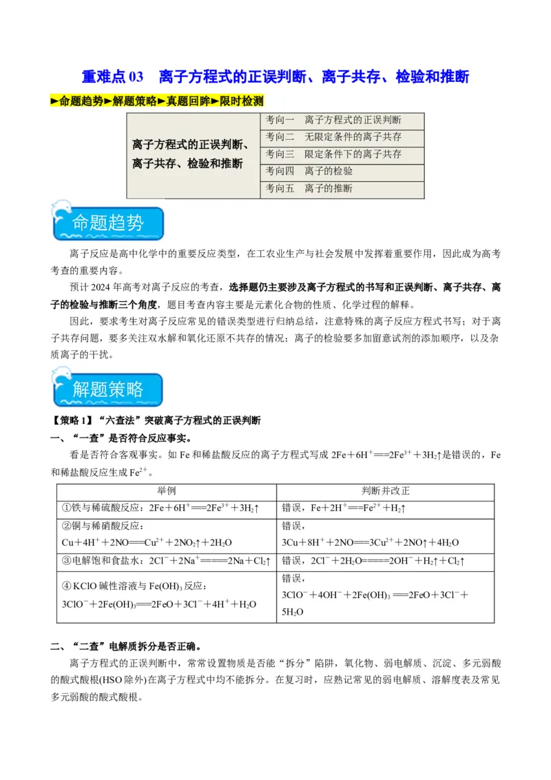 重难点03离子方程式的正误判断、离子共存、检验和推断-2024年高考化学热点&middot;重点&middot;难点专练（新高考专用）（原卷版）_05高考化学_2024年新高考资料_3.2024专项复习