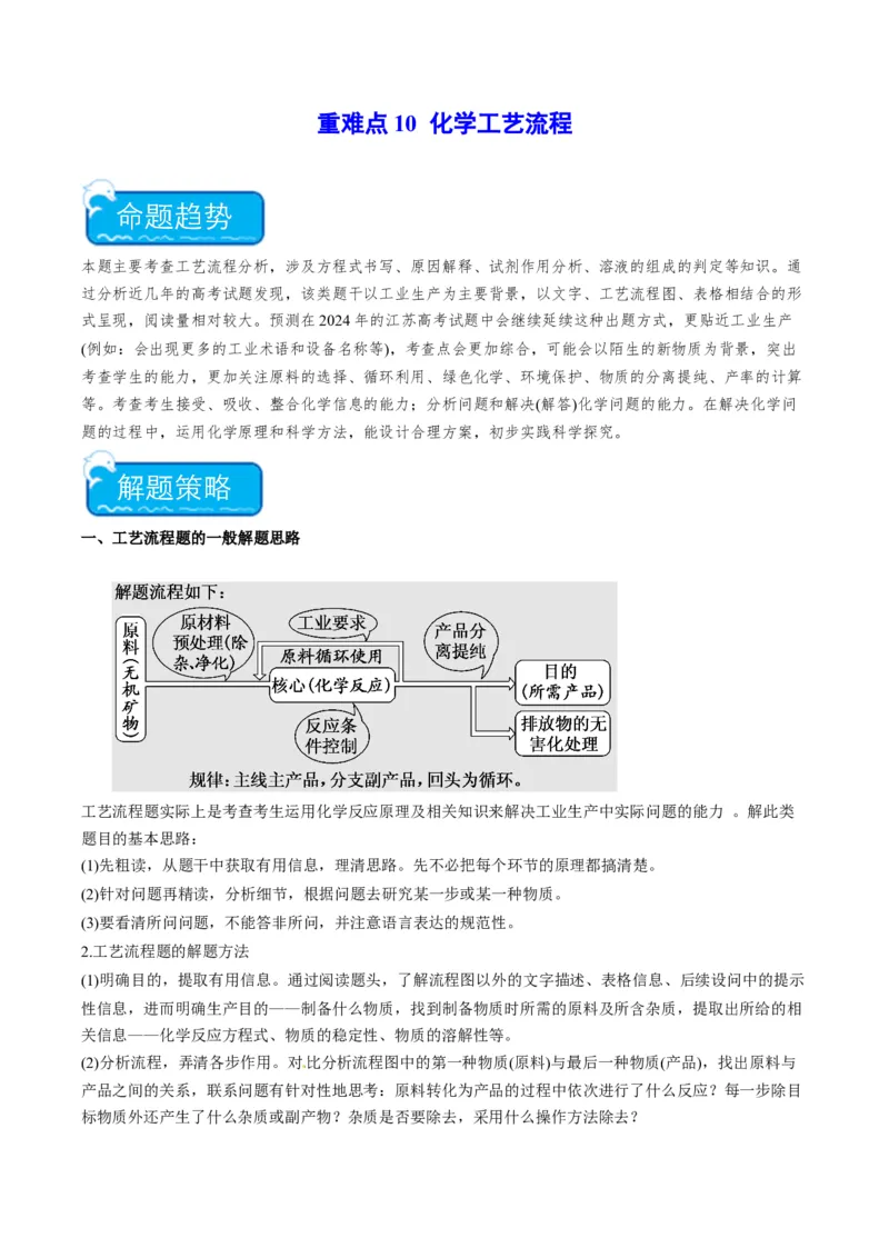 重难点10化学工艺流程-（原卷版）_05高考化学_2024年新高考资料_3.2024专项复习_2024年高考化学热点&middot;重点&middot;难点专练（江苏专用）