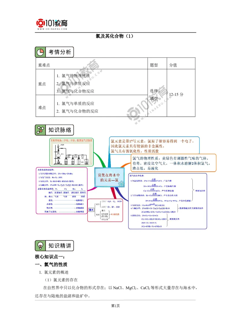 必修1第二章第二节氯及其化合物（1）_新人教版高中化学必修一、二_新人教版高中化学必修上册_101教育高一化学配套学案和练习
