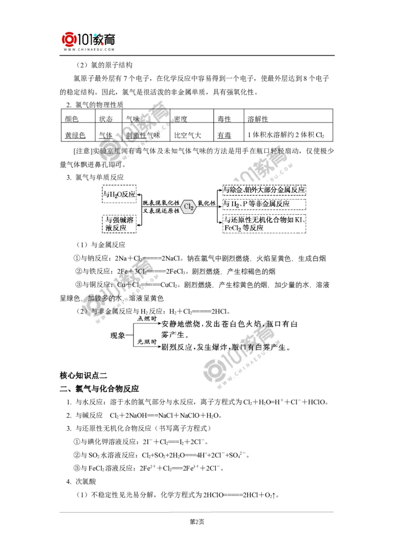 必修1第二章第二节氯及其化合物（1）_新人教版高中化学必修一、二_新人教版高中化学必修上册_101教育高一化学配套学案和练习