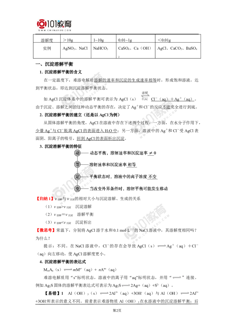 选择性必修1第三章第四节沉淀溶解平衡_新人教版高二化学选修一、二、三_新人教版高中化学选择性必修第一册_高二化学（选择性必修第一册）学案练习