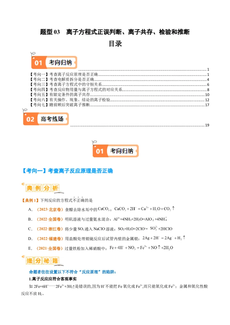 题型03离子方程式正误判断离子共存、检验和推断（原卷版）_05高考化学_2024年新高考资料_2.2024二轮复习_2024年高考化学二轮热点题型归纳与变式演练（新高考通用）