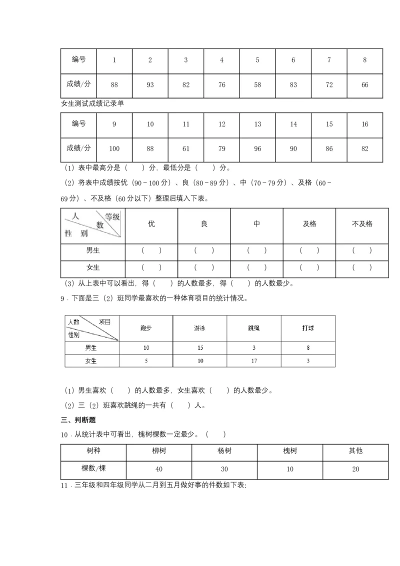 分层训练3.1复式统计表三年级下册数学同步练习人教版（含答案）_26春人教版数学三下_00、更新资料3月18日_同步练习(2)_课时练习_分层练习