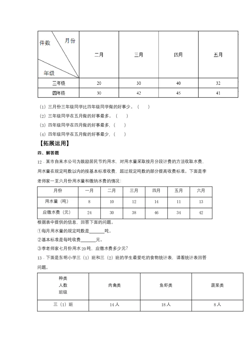 分层训练3.1复式统计表三年级下册数学同步练习人教版（含答案）_26春人教版数学三下_00、更新资料3月18日_同步练习(2)_课时练习_分层练习