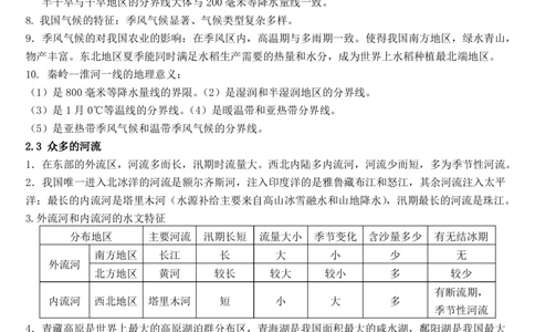 八年级上册地理知识点总结(晋教版)_24秋《初中各科知识点梳理》_初中地理《知识梳理》7-8年级上下册_晋教版初中地理7-8年级上下册知识梳理