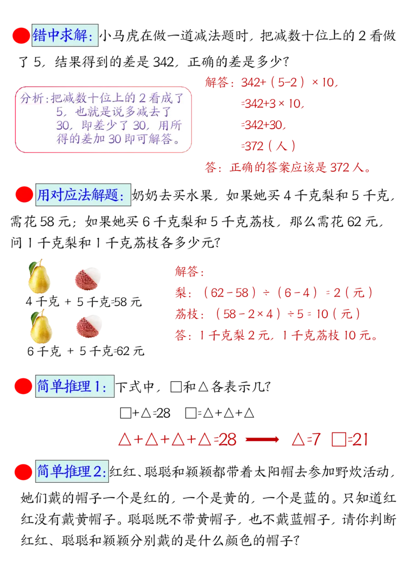 2026春7页完整版三下数学常考易错思维应用题母题_26春人教版数学三下_06、小纸条合集
