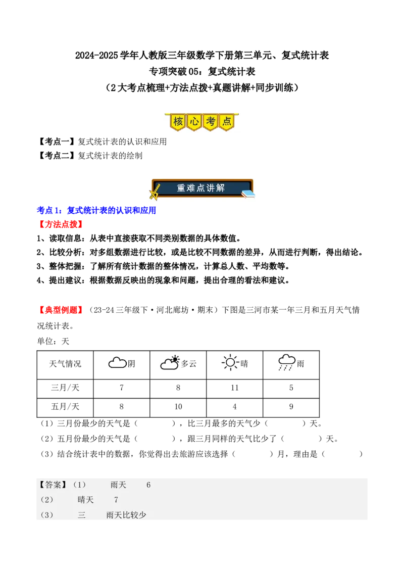 专项突破05：复式统计表（教师版）-（人教版）_26春人教版数学三下_00、更新资料3月18日_单元复习专项-K48_2025版