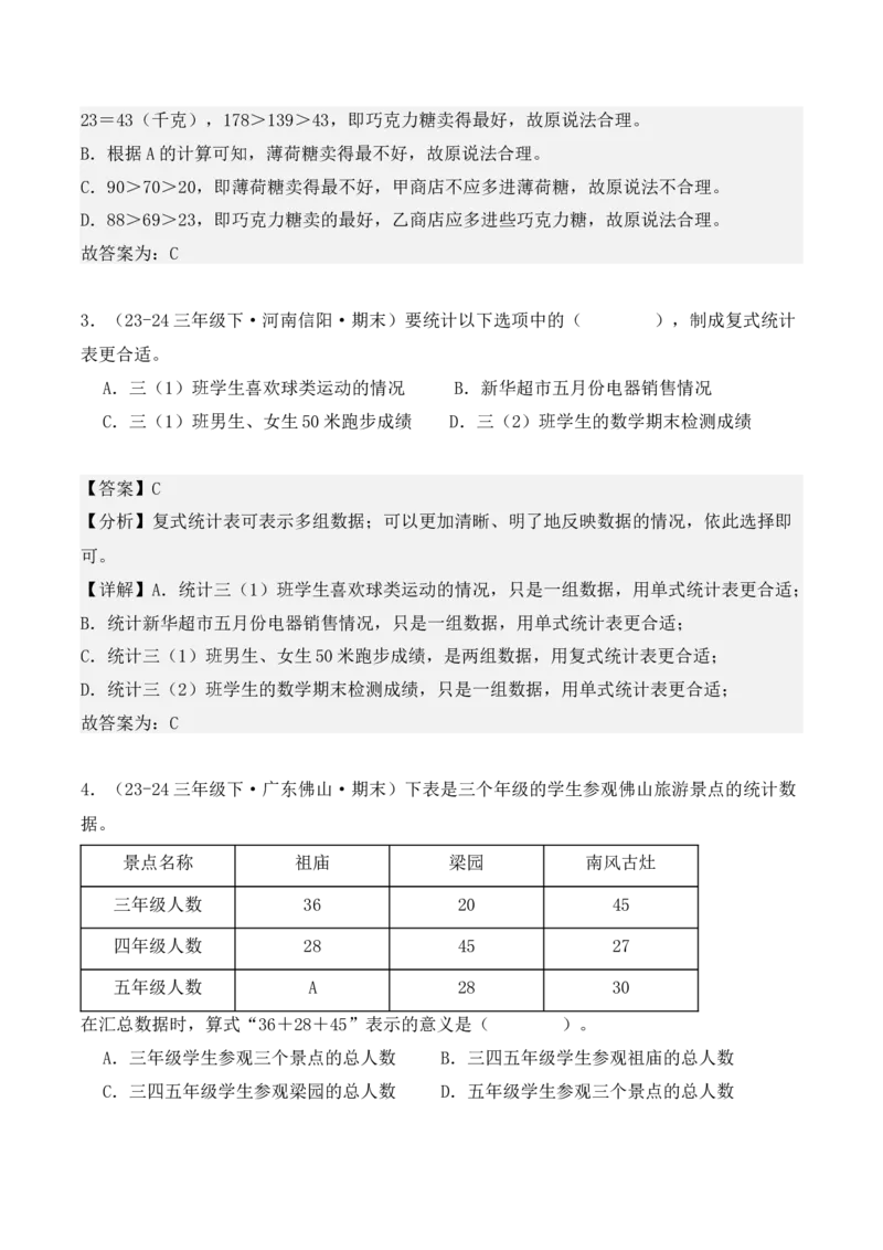 专项突破05：复式统计表（教师版）-（人教版）_26春人教版数学三下_00、更新资料3月18日_单元复习专项-K48_2025版