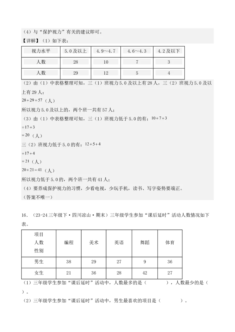 专项突破05：复式统计表（教师版）-（人教版）_26春人教版数学三下_00、更新资料3月18日_单元复习专项-K48_2025版