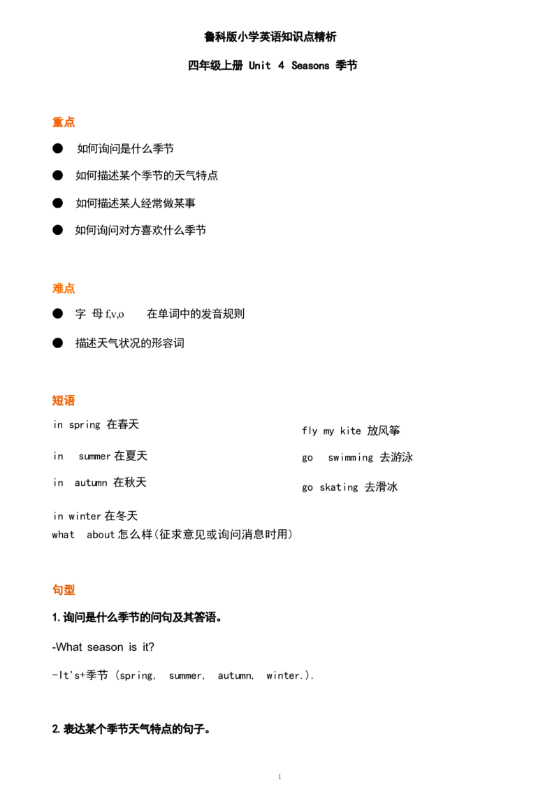 1_《小学各科知识点》_小学英语《知识梳理》3-6年级上下册_上册_鲁科版小学英语3-5年级上册重点知识_四上_U4