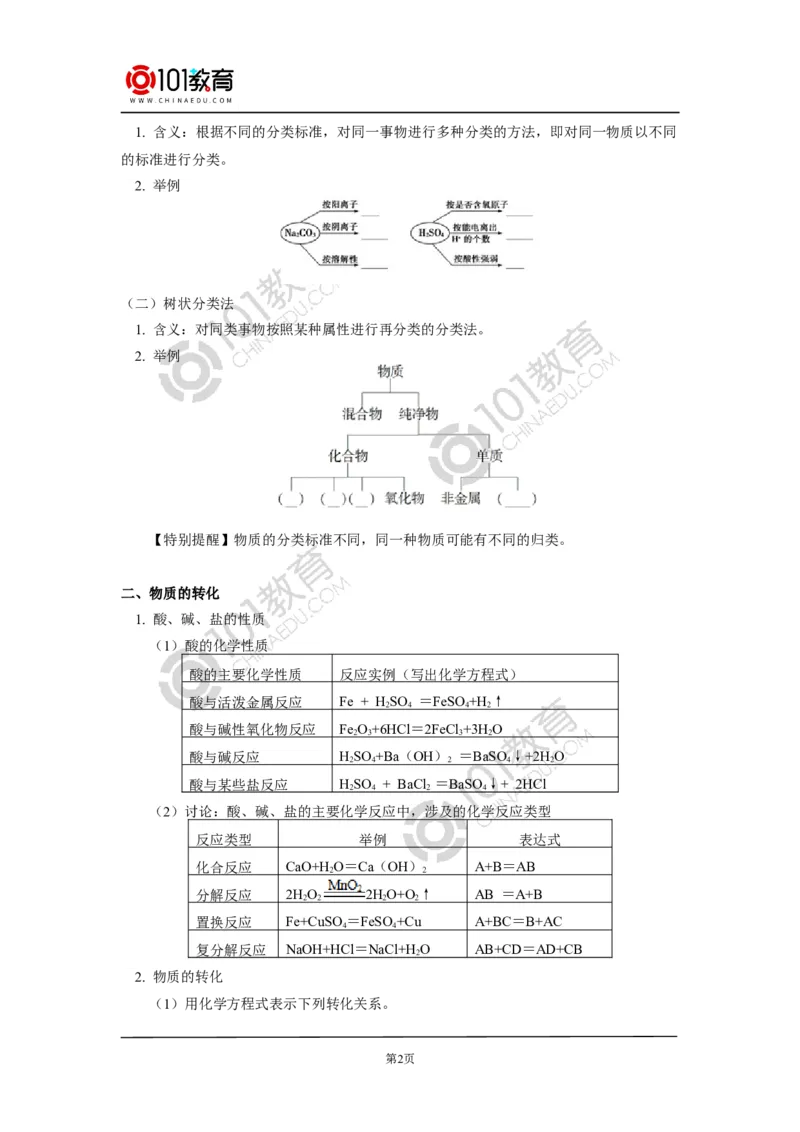 必修1第一章第一节物质的分类及转化_新人教版高中化学必修一、二_新人教版高中化学必修上册_101教育高一化学配套学案和练习