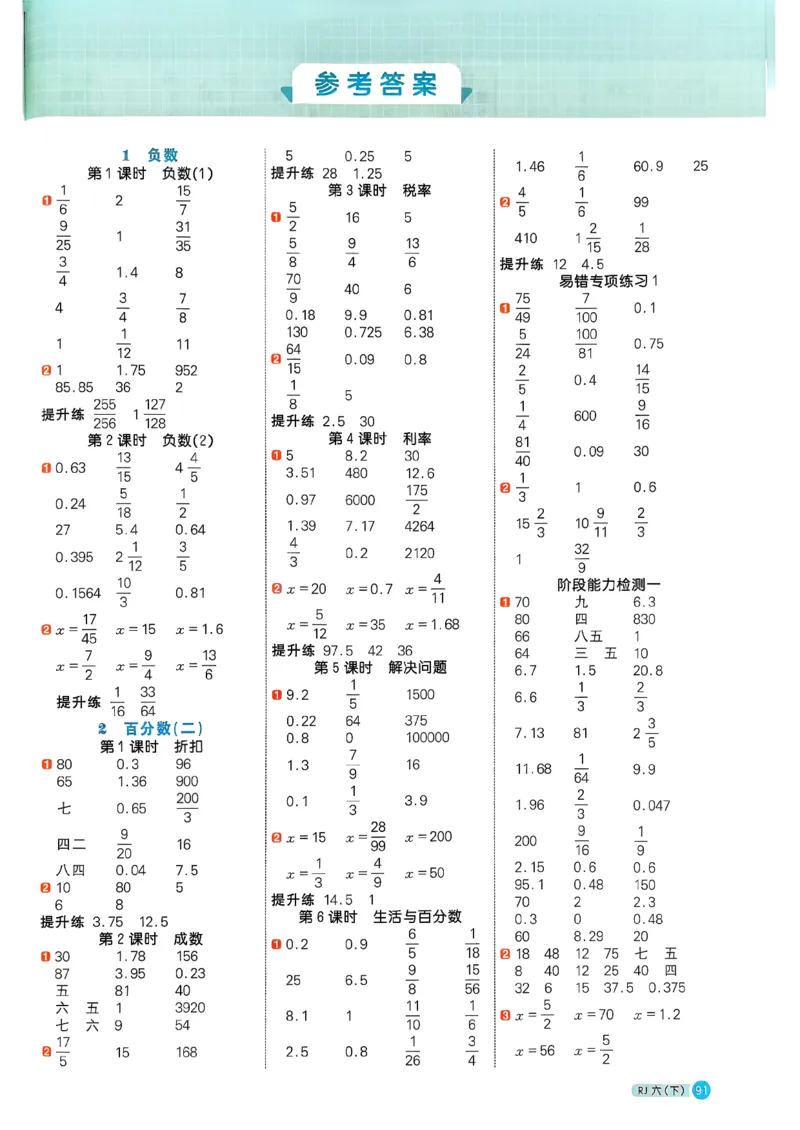 六下阳光同学计算小达人26春人教_26春人教版数学三下_09、练习题+试卷合集_-26春《计算小达人》_26春《阳光同学计算小达人》人教6下