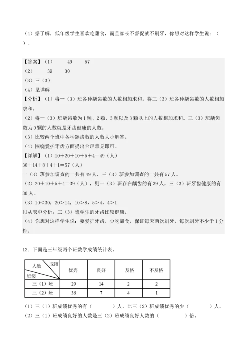 专项训练09：复式统计表（基础专练）（教师版）-（人教版）_26春人教版数学三下_00、更新资料3月18日_单元复习专项-K48_2025版