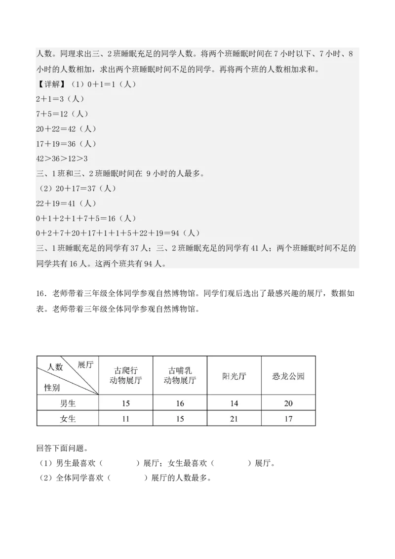 专项训练09：复式统计表（基础专练）（教师版）-（人教版）_26春人教版数学三下_00、更新资料3月18日_单元复习专项-K48_2025版