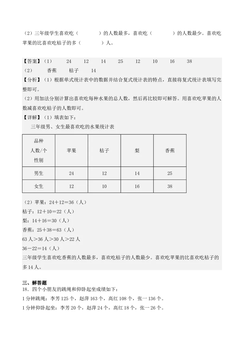 专项训练09：复式统计表（基础专练）（教师版）-（人教版）_26春人教版数学三下_00、更新资料3月18日_单元复习专项-K48_2025版