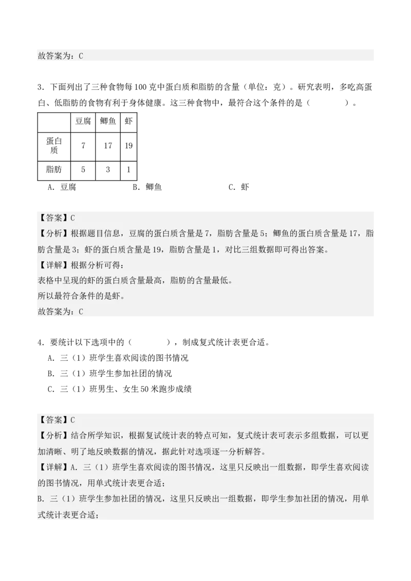 专项训练09：复式统计表（基础专练）（教师版）-（人教版）_26春人教版数学三下_00、更新资料3月18日_单元复习专项-K48_2025版