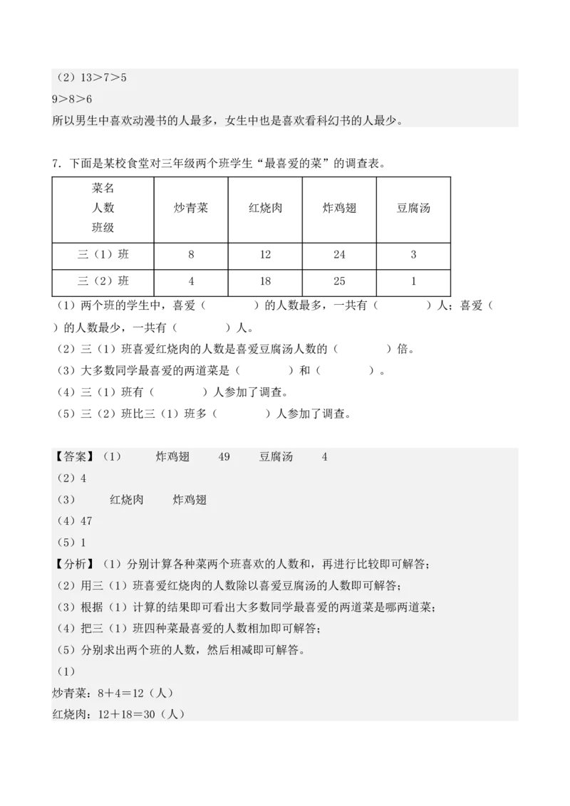 专项训练09：复式统计表（基础专练）（教师版）-（人教版）_26春人教版数学三下_00、更新资料3月18日_单元复习专项-K48_2025版