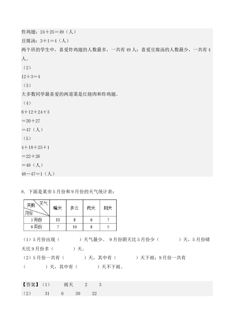 专项训练09：复式统计表（基础专练）（教师版）-（人教版）_26春人教版数学三下_00、更新资料3月18日_单元复习专项-K48_2025版