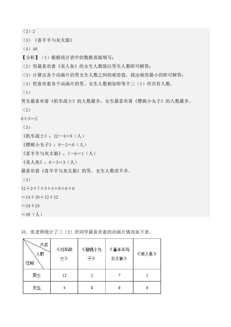 专项训练09：复式统计表（基础专练）（教师版）-（人教版）_26春人教版数学三下_00、更新资料3月18日_单元复习专项-K48_2025版