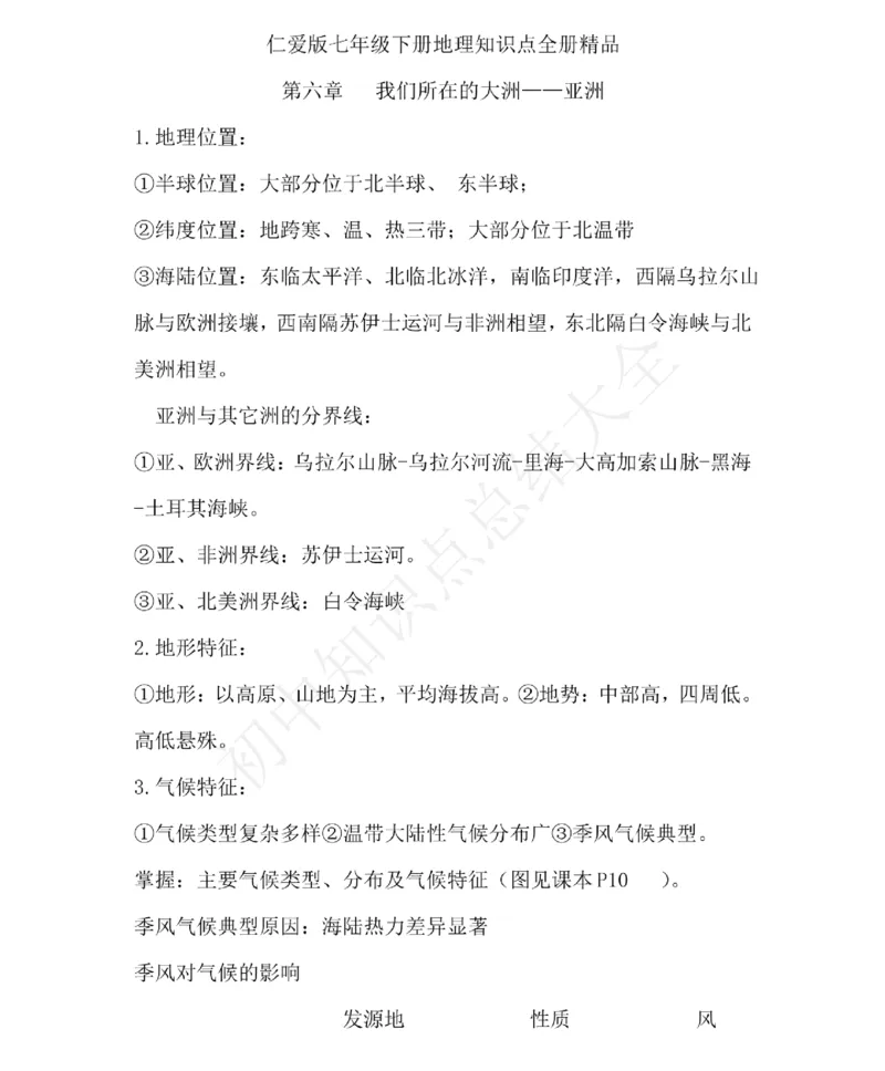 仁爱版地理七年级下册知识点汇总_24秋《初中各科知识点梳理》_初中地理《知识梳理》7-8年级上下册_仁爱版初中地理7-8年级上下册知识梳理_仁爱版地理七年级下册知识点汇总