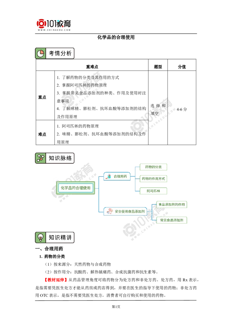 化学品的合理使用_新人教版高中化学必修一、二_新人教版高中化学必修下册_101教育学（下学期）配套学案和练习
