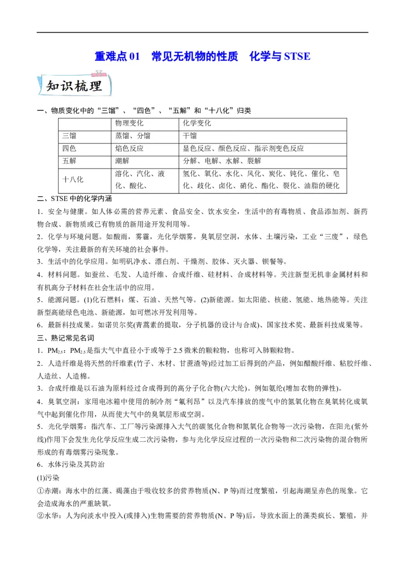 重难点01常见无机物的性质化学与STSE（解析版）_05高考化学_新高考复习资料_2023年新高考资料_专项复习_2023年高考化学热点&middot;重点&middot;难点专练（新高考专用）