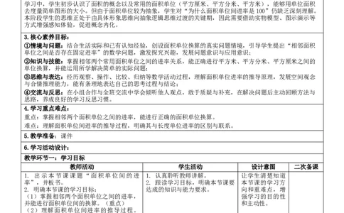 4.4面积单位间的进率核心素养教案（表格式）三年级下册数学人教版_26春人教版数学三下_00、教案3套完整版_第2套表格式核心素养教案-全册合在一起_课课教案_第4单元图形的面积