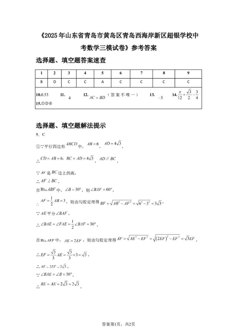 2024-2025学年山东省青岛市黄岛区青岛西海岸新区超银学校九年级（下）中考三模数学试卷_2026春《初中一遍过》系列_2026《天星教育&bull;一遍过》（9年级下册)）(人教+北师）