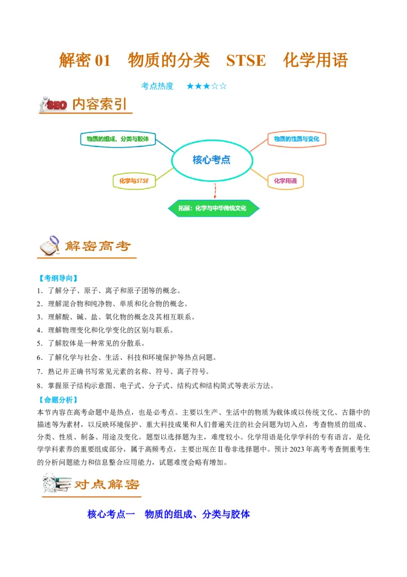 解密01物质分类STSE化学用语（讲义）-高频考点解密2023年高考化学二轮复习讲义+分层训练（全国通用）（解析版）_05高考化学_通用版（老高考）复习资料_2023年复习资料_二轮复习