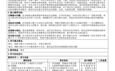 6.2小数的大小比较核心素养教案（表格式）三年级下册数学人教版_26春人教版数学三下_00、教案3套完整版_第2套表格式核心素养教案-全册合在一起_课课教案_第6单元小数的初步认识