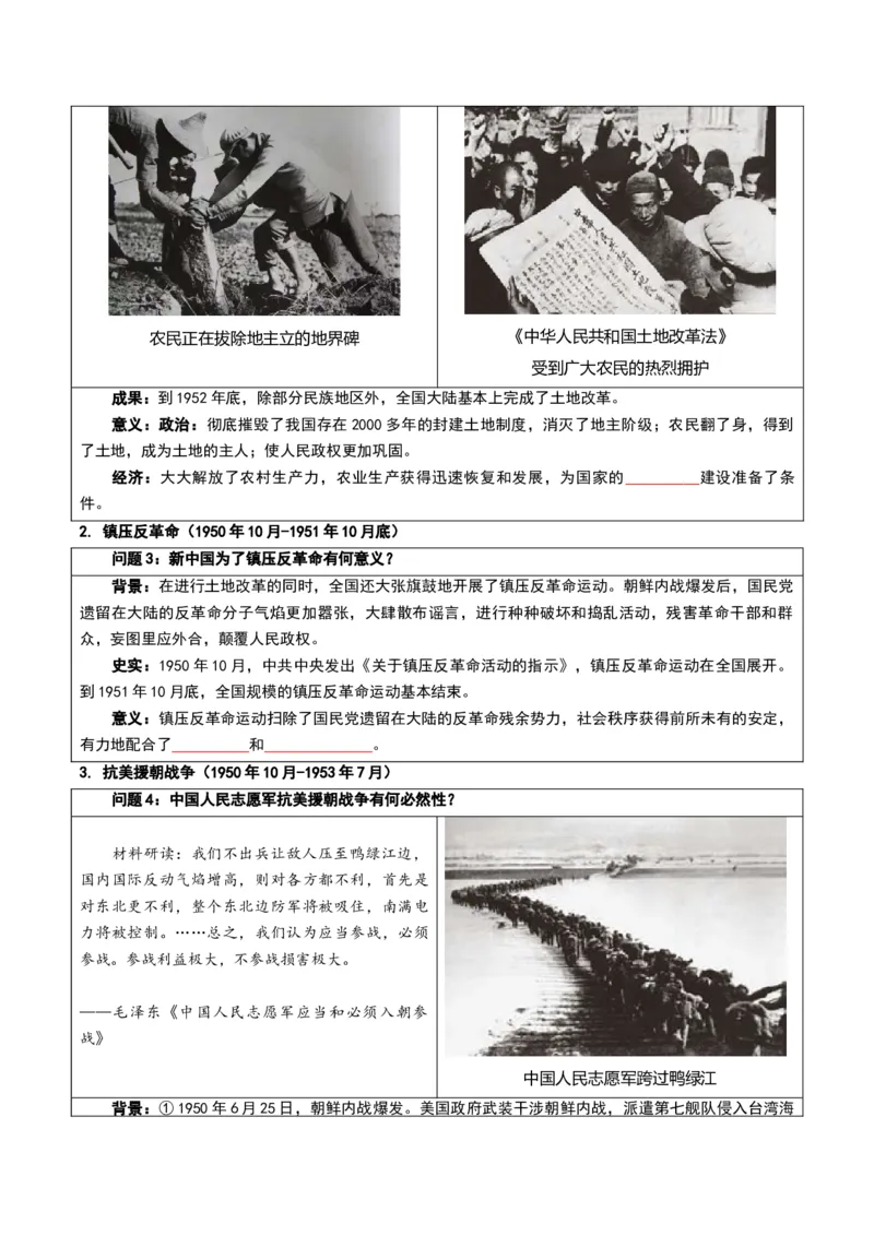 第一单元中华人民共和国成立和社会主义制度的建立（知识清单）历史新教材统编版八年级下册（挖空版）_新八下历史_00、更新资料3月23日_新版_第一套_04.知识清单