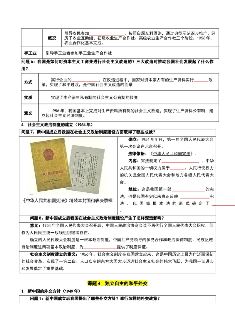 第一单元中华人民共和国成立和社会主义制度的建立（知识清单）历史新教材统编版八年级下册（挖空版）_新八下历史_00、更新资料3月23日_新版_第一套_04.知识清单