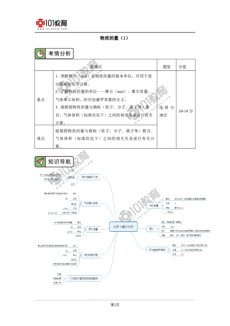 必修1第二章第三节物质的量（1）_新人教版高中化学必修一、二_新人教版高中化学必修上册_101教育高一化学配套学案和练习