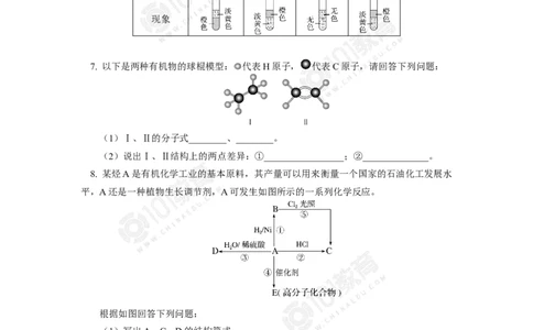 必修2第七章第二节乙烯与有机高分子材料（1）同步练习_新人教版高中化学必修一、二_新人教版高中化学必修下册_101教育学（下学期）配套学案和练习