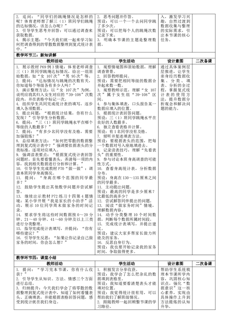 5.3复式统计表（2）核心素养教案（表格式）三年级下册数学人教版_26春人教版数学三下_00、教案3套完整版_第2套表格式核心素养教案-全册合在一起_课课教案_第5单元数据的收集与整理