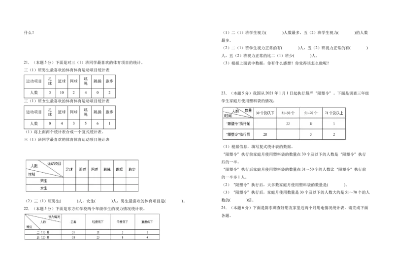A3原卷第三单元复式统计表素养测评卷-三年级数学下册同步高效课堂系列（人教版）_26春人教版数学三下_00、更新资料3月18日_单元测试(4)_单元测试卷