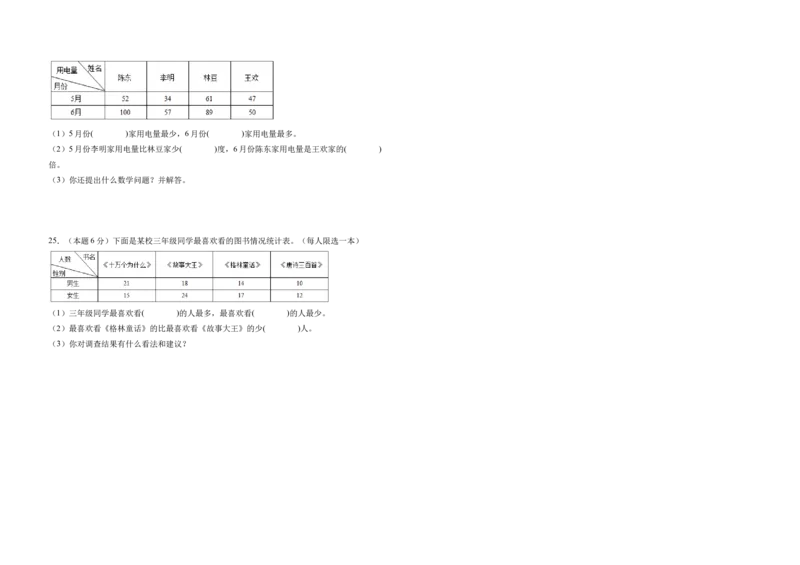 A3原卷第三单元复式统计表素养测评卷-三年级数学下册同步高效课堂系列（人教版）_26春人教版数学三下_00、更新资料3月18日_单元测试(4)_单元测试卷