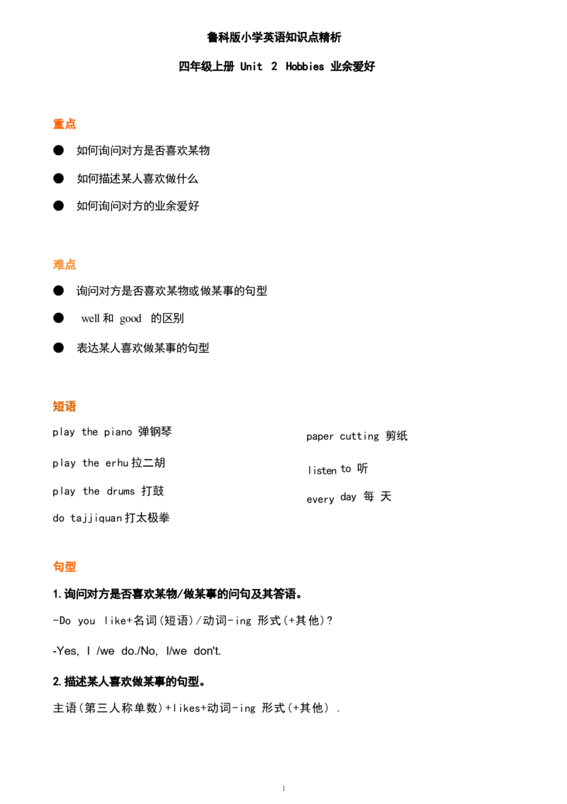 1_《小学各科知识点》_小学英语《知识梳理》3-6年级上下册_上册_鲁科版小学英语3-5年级上册重点知识_四上_U2