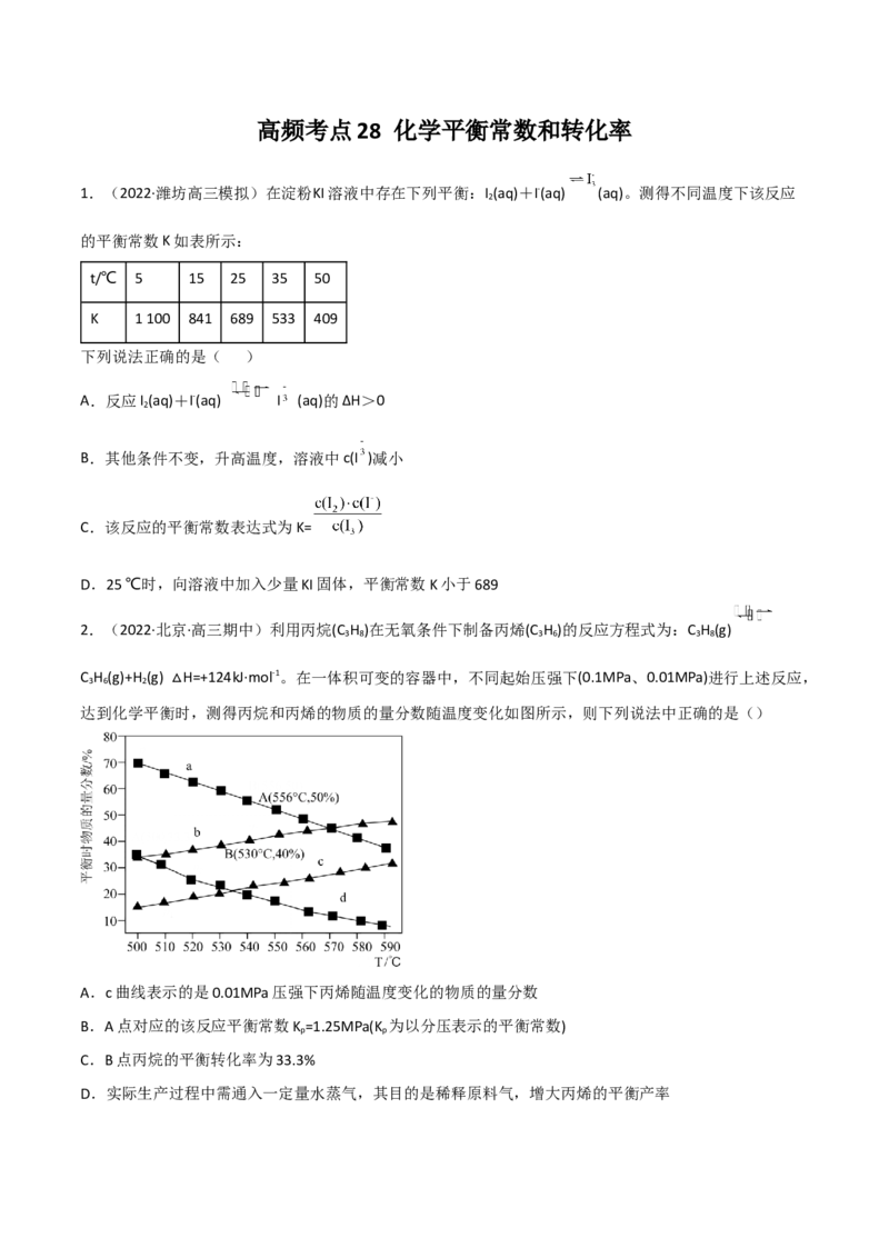 高频考点28化学平衡常数和转化率-2023年高考化学二轮复习高频考点51练（原卷版）_05高考化学_新高考复习资料_2023年新高考资料_二轮复习_2023年高考化学二轮复习高频考点51练292724123