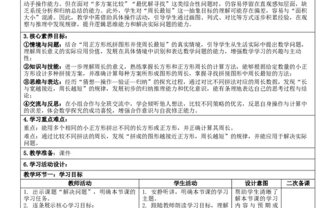 3.4解决问题核心素养教案（表格式）三年级下册数学人教版_26春人教版数学三下_00、教案3套完整版_第2套表格式核心素养教案-全册合在一起_课课教案_第3单元长方形和正方形