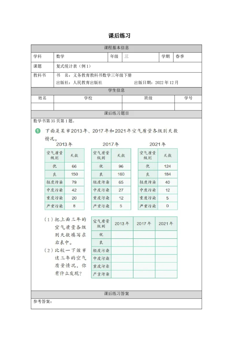 3.1复式统计表(例1)习题_26春人教版数学三下_19、赠送其它资料_新建文件夹_三年级数学下册（人教版）_教学设计_3年级下册（教案）新插图_第3单元复式统计表